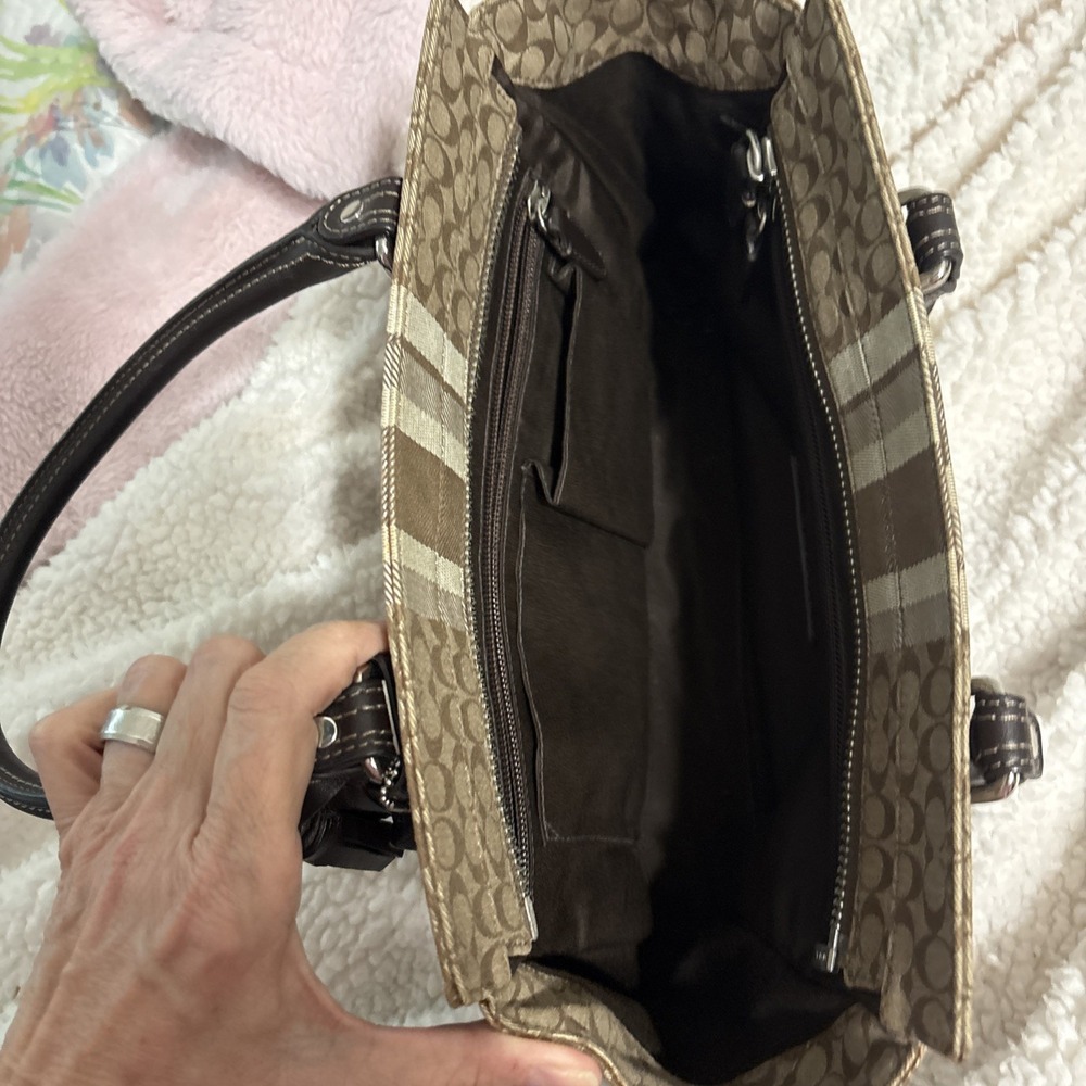 Coach Candace Carry 19915 Signature Stripe Khaki Brown Canvas Leather Bag - Picture 8 of 14